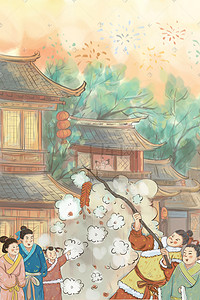 烟插画图片_新年春节过节主题之古风放鞭炮