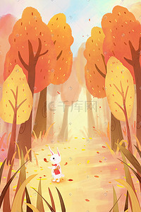 兔子兔子背景插画图片_唯美暖色秋季风景