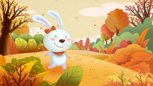黄色专题页插画图片_立秋秋风秋天秋季黄色丰收小熊与兔子