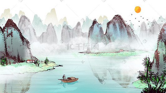 唯美唯美古风水彩插画图片_中国风古风水墨背景通用