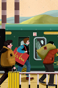 归家人群插画图片_春运回家过春节赶火车的人群
