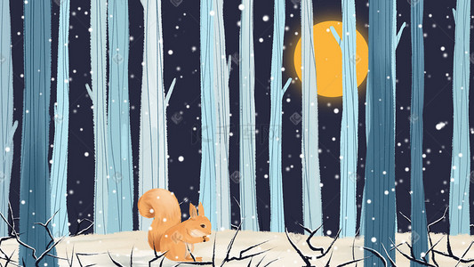 冬天树林松鼠吃松果雪景插画