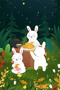 中秋佳节兔子吃月饼团圆中国风手机页面配图中秋