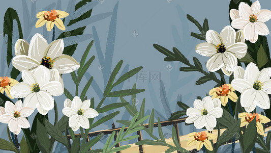 花朵叶子插画图片_蓝色系冷淡风治愈花朵花丛繁花植物叶子背景