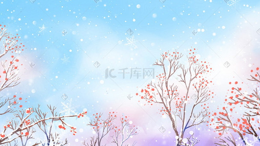 炫彩色系插画图片_蓝色系天空雪花下雪树木花朵背景