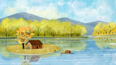 立秋秋天24节气湖中岛油画风景