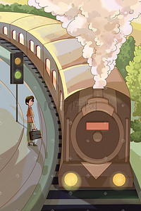 手绘交通工具插画图片_褐色系卡通手绘风出行方式火车配图