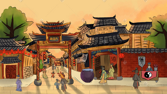 街道插画图片_新年春节中国风古建筑古风街道逛街摆摊
