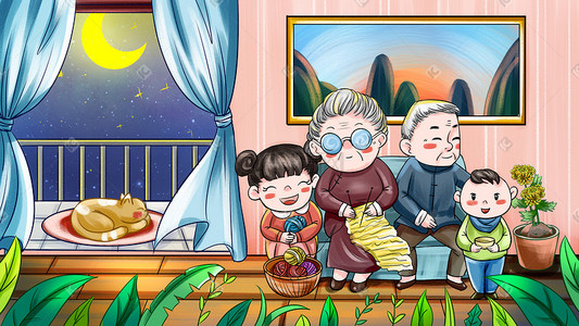 老人陪伴重阳节插画图片_手绘温馨家庭陪伴老人