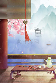 中国风场景古风廊桥红柱珠帘品茶山水风景
