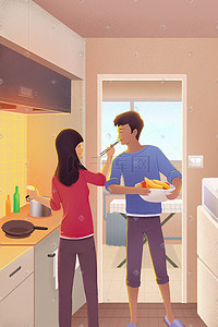 男人做饭插画图片_家庭温馨场景厨房做饭情侣男女劳动