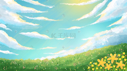 春季服装背景插画图片_夏天风景天空蓝天云草地插画背景