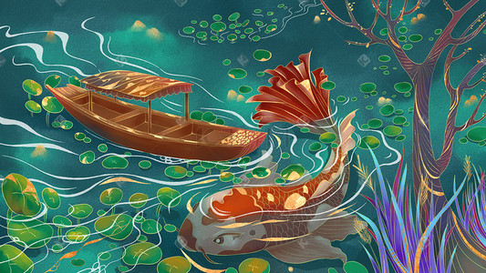 描金国潮池水中的锦鲤手绘插画国潮