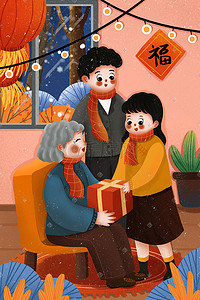 拜年新春插画图片_春节过年给老人拜年场景