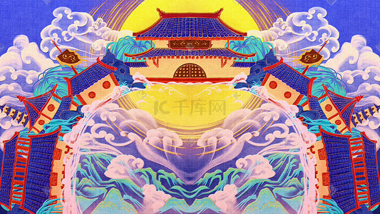 中红色祥云插画图片_中国风大气建筑山水卷云背景