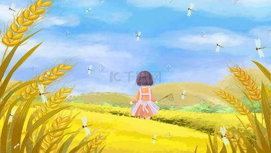 黄色三角板尺子插画图片_小满芒种黄色女孩麦田捕蜻蜓
