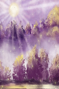 背景紫色插画图片_树林浪漫唯美背景紫色金色