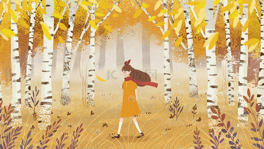 漫步插画图片_秋天在树林里漫步的小女孩