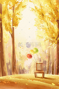 黄色树叶子插画图片_黄色油画质感秋天银杏树风景