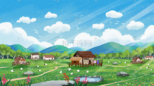 乡村班车插画图片_乡村田园平原小清新风景