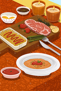 西餐牛排菜单背景插画图片_食物美食特写牛排意面西餐
