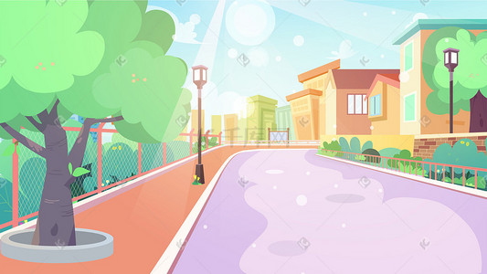 学校的四季插画图片_白天通往学校的小区街道扁平插画