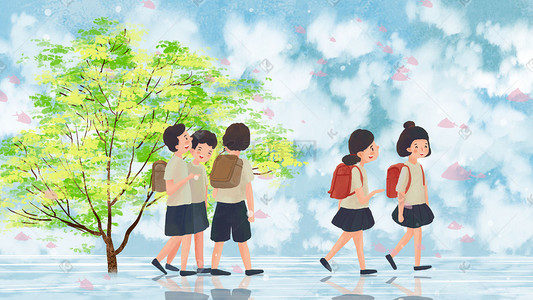 儿童背景背景插画图片_开学季学生放假路上天空云风景背景六一