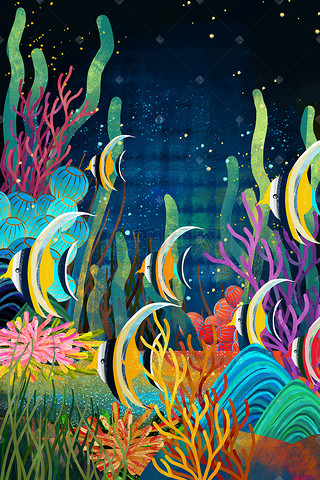 海洋插画图片_夏天大海海洋海底海珊瑚鱼插画背景