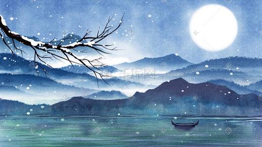 青花瓷杯子插画图片_山水水墨夜景江边压雪枝头风景景色插画