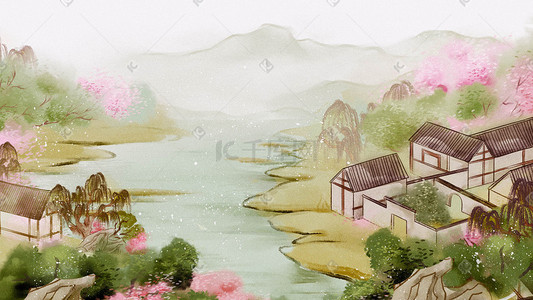 其他生活插画图片_中国风水墨山水画古代生活建筑