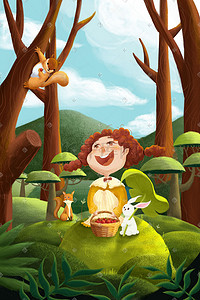 童趣插画图片_六一儿童节森林童趣动物和女孩丛林假日玩耍六一