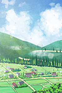 乡下插画图片_夏天乡村田园田野房屋风景