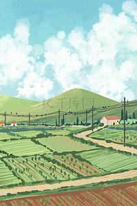 山插画图片_乡村田地菜地山风景