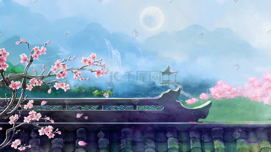 米色背景墙插画图片_中国风月夜古风建筑山水背景