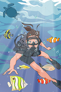游泳少女插画图片_夏天在海里潜泳的少女