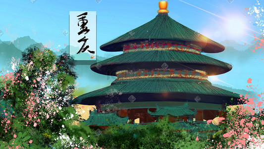 古楼护栏插画图片_建筑古风唯美治愈重庆阳光山水古楼植物花卉