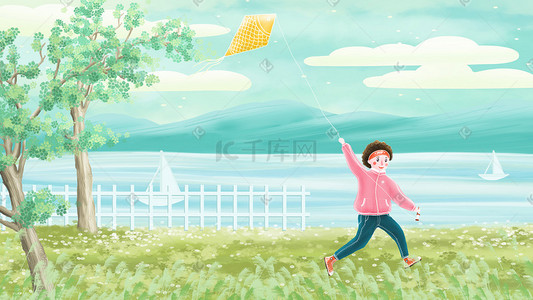 少年将军插画图片_春天春分湖边草地放风筝的少年背景