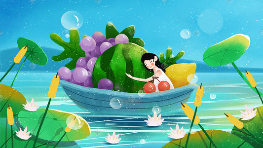 夏景水果船和可爱的女孩小清新插画