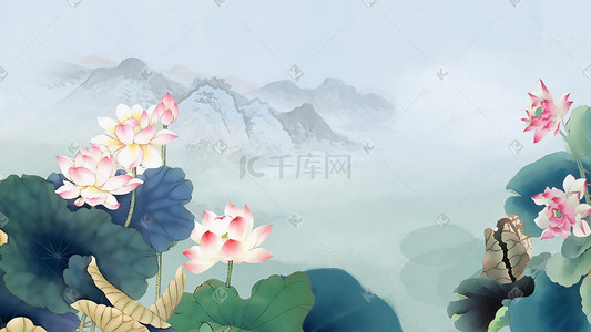 工笔荷花插画图片_中国风水墨古风工笔荷花夏天池塘风景背景