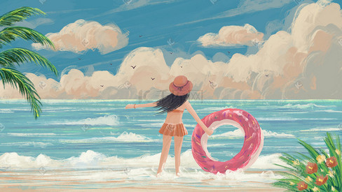 夏天女孩在海边游泳天空蓝天云沙滩风景插画背景