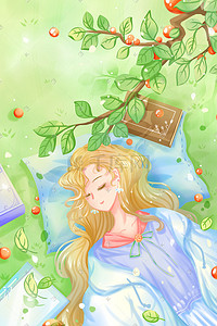 少女绿插画图片_绿色唯美卡通少女午睡悠闲夏季节气果实配图