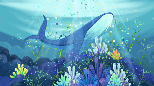 背景鲸鱼插画图片_鲸鱼手绘风景背景
