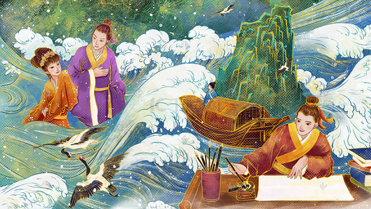 读书国风插画图片_中国神话传说之神笔马良国潮