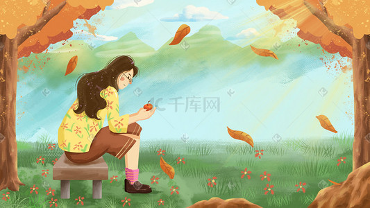 苹果搜索插画图片_秋天女孩捧着金苹果