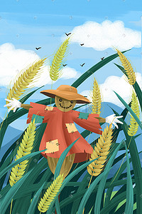 小麦线稿插画图片_小满芒种节气小麦麦穗麦田稻草人小清新