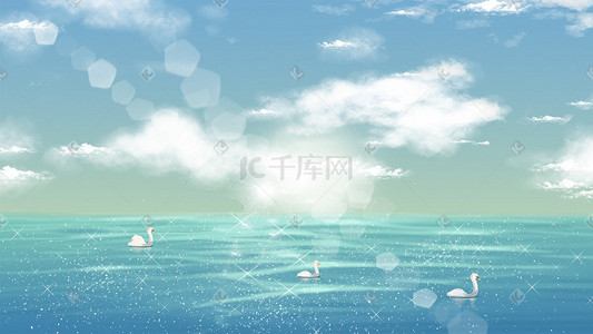 夏海插画图片_天空蓝天云海天鹅风景背景阳光