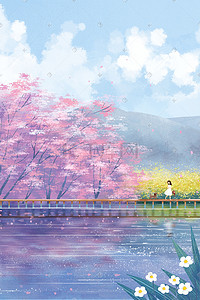 春天与花插画图片_春天景色主题之油菜花与樱花风景