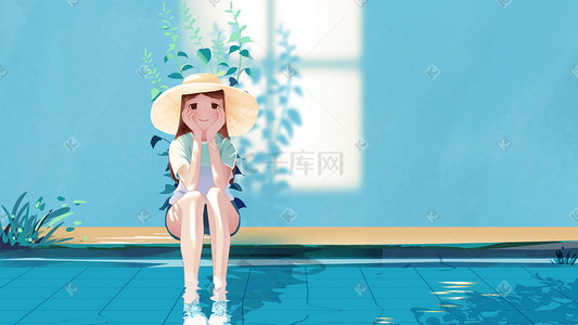 你好八月插画图片_夏天你好美女树叶水唯美插画背景