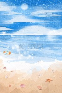 背景海滩插画图片_夏天海海洋海浪大海海边海滩天空蓝天云背景