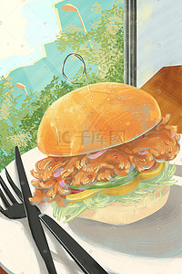 刀叉插画图片_肌理写实美食汉堡原创插画